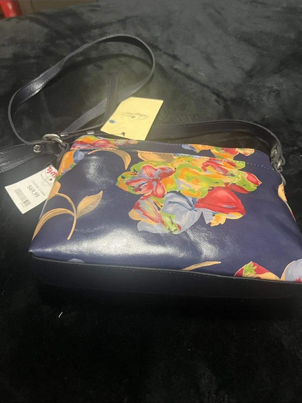 Patricia Nash Navy Floral Leather Crossbody with Front Buckle